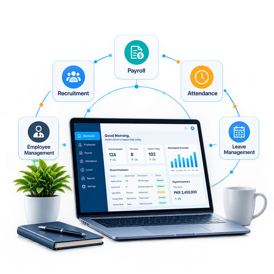 HR dashboard on laptop and monitor in a modern office, with recruitment, payroll, attendance and records icons