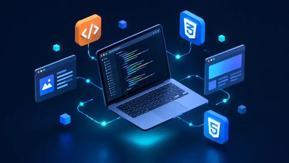 web development 3D illustration of a laptop with code and browser windows for the web developer job at ZAS TECH Islamabad